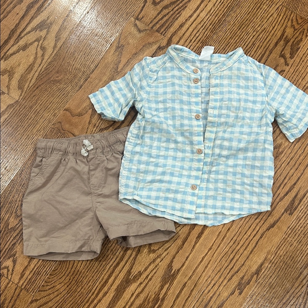 H&M Blue Checkered Shirt and Brown Shorts Set